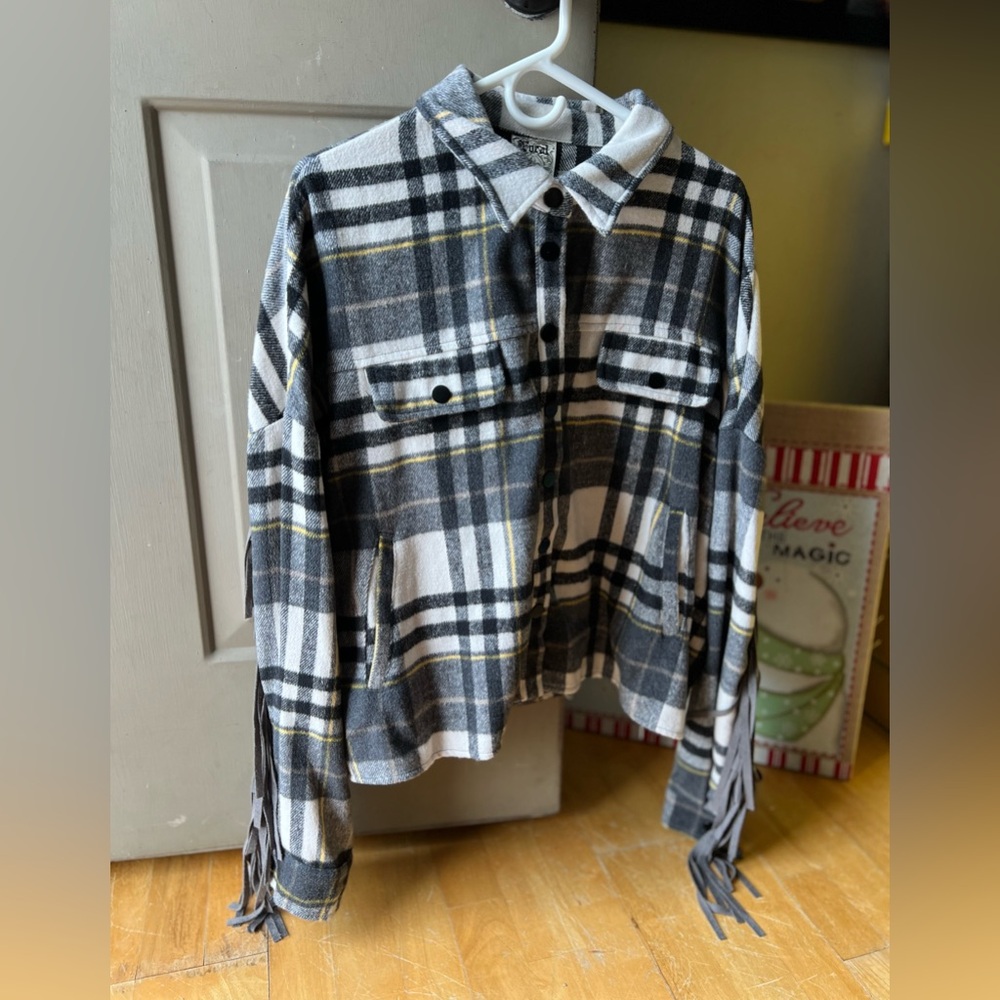 Vocal boutique made in USA Gray and White Plaid flannel full fringe jacket